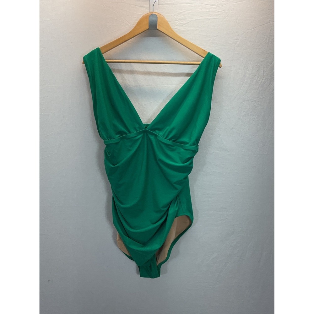 J. CREW Ruched V Neck One Piece Swimsuit Bright Green XXL Classic Beach Resort